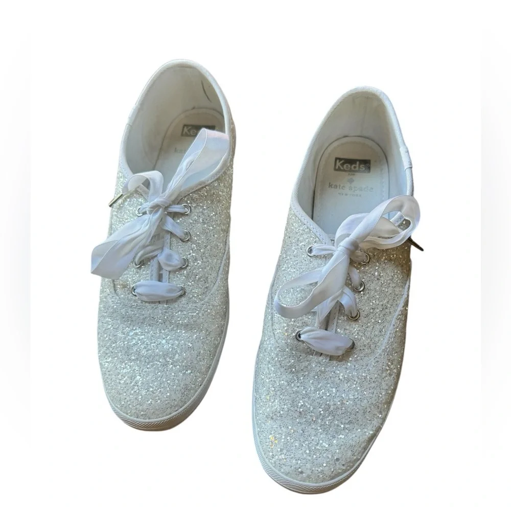Kate Spade x Keds White Sparkle Glitter Lace Up Bridal Sneakers Size 9 - Picture 5 of 6